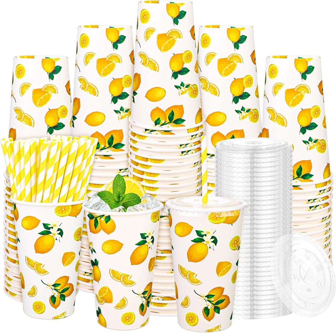 180 Pieces/60 Sets Lemonade Cups Disposable Paper Cups with Lids and Paper Straws 16oz Yellow Paper Cups Lemonade Stand Supplies for Cold Hot Beverage Juice Summer Fruit Party